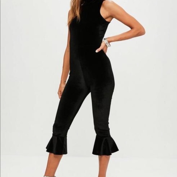 Black Velvet High Neck Ruffle Leg Jumpsuit - Picture 1 of 7